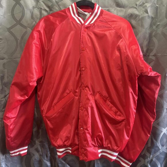 Vintage Cardinal Red Satin Bomber Jacket Size S Nylon – Minor Stain on Label Are - Picture 1 of 9